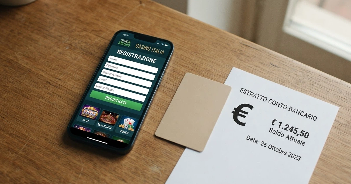 Un primo piano di uno smartphone che mostra la schermata di registrazione di un casinò online con l'interfaccia in italiano, affiancato da una carta d'identità italiana e un estratto conto bancario, su uno sfondo pulito