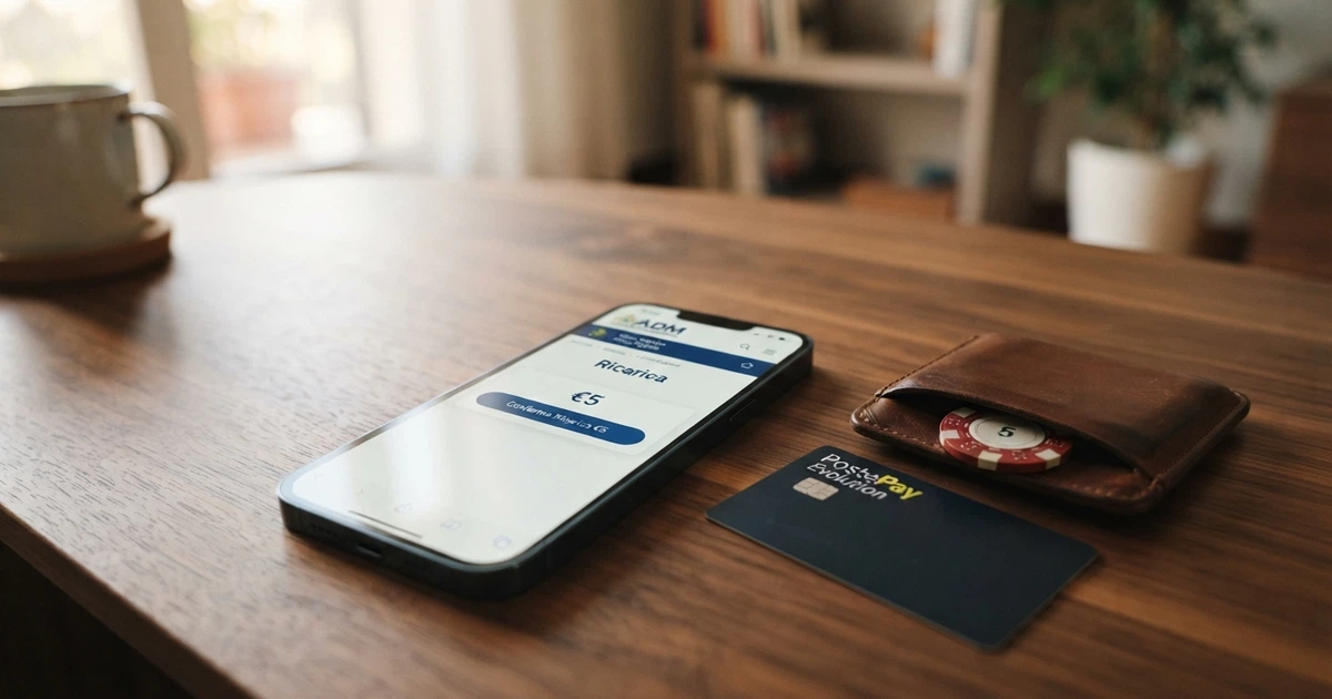 Un telefono con lo schermo che mostra la pagina di ricarica di un casinò online, affiancato da una carta Postepay e un portafoglio con una banconota da 5 euro