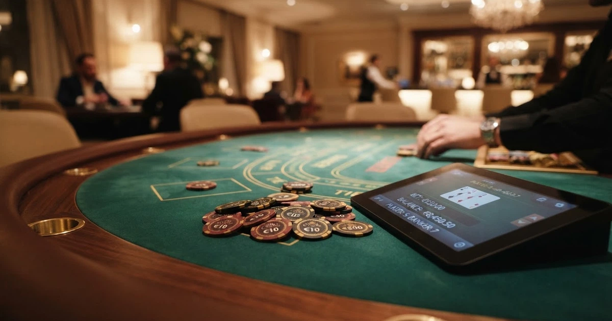 Un tavolo da gioco con fiches e un display che mostra importi di puntata variabili, in un'ambientazione da casinò online