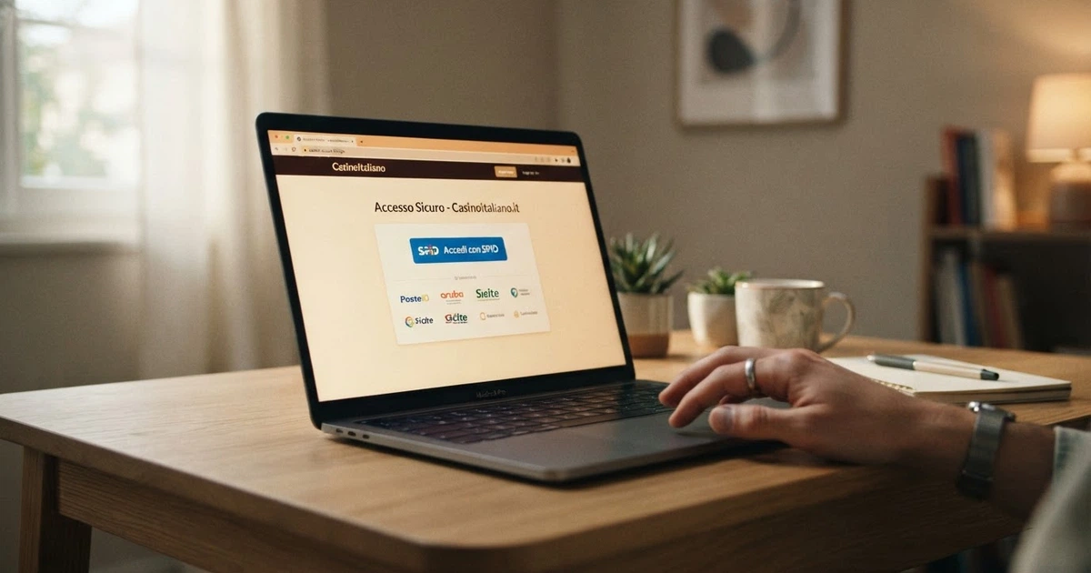 La schermata di autenticazione SPID su un computer portatile, con il logo di Identity Provider italiani sullo sfondo e la scritta «Accedi con SPID» in primo piano