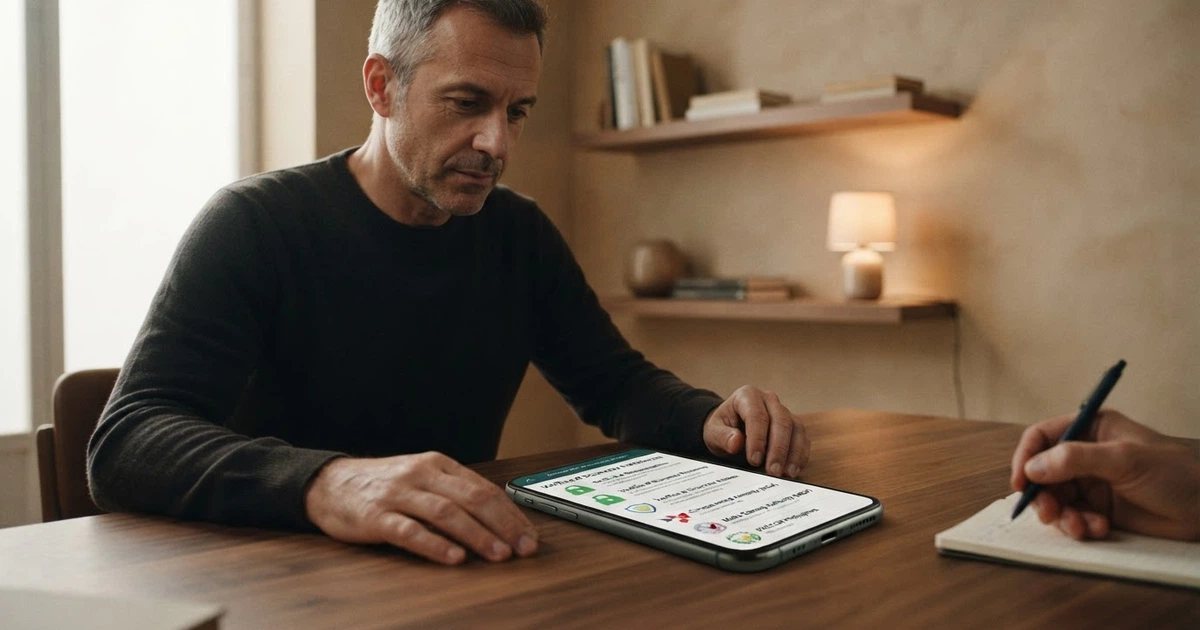 Un giocatore che consulta una lista di controllo su uno schermo, con icone di sicurezza (lucchetto, scudo, certificato) affiancate ai loghi delle licenze di gioco