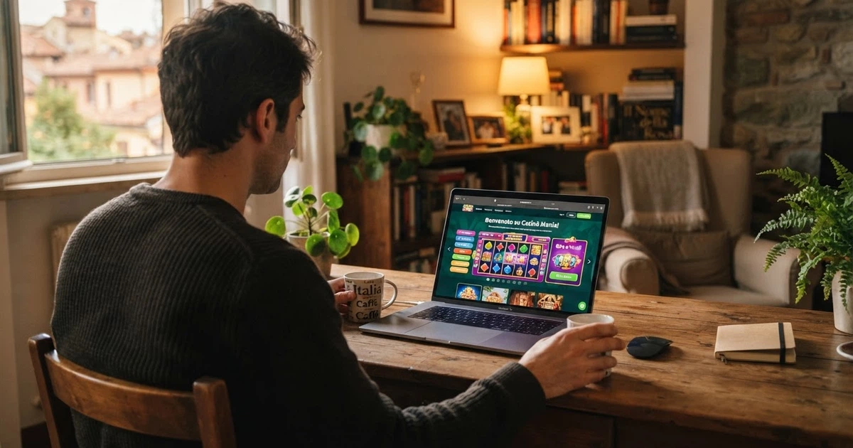 Un giocatore italiano seduto davanti allo schermo di un computer che mostra l'interfaccia di un casinò online con la scritta «Benvenuto» in italiano e simboli di licenza in evidenza