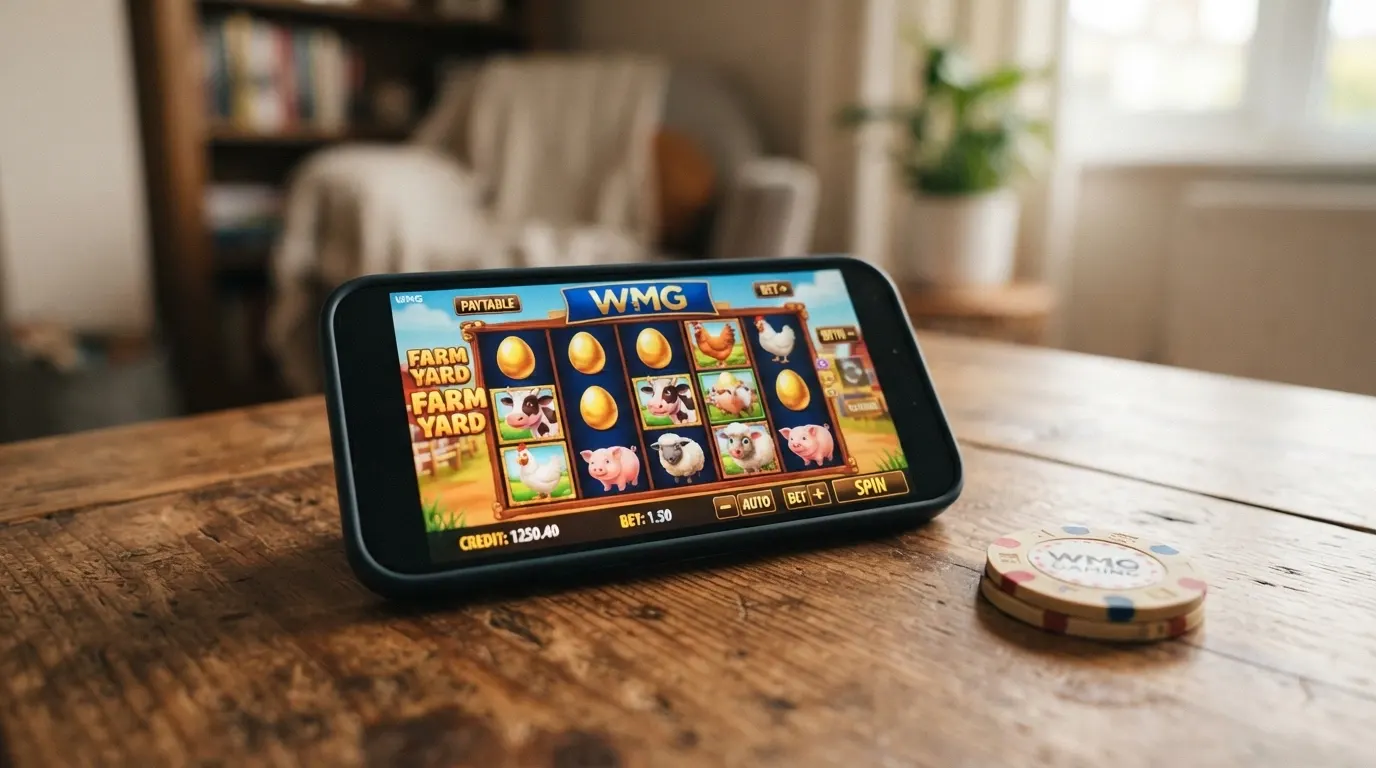 La schermata di gioco della slot Fowl Play Gold di WMG con i suoi simboli ispirati alla fattoria, la griglia 5×3 e il contatore delle payline