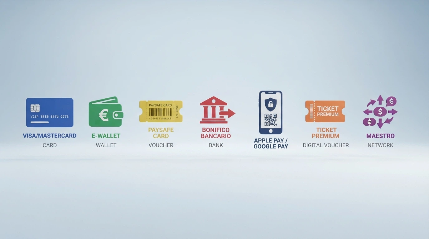 Infografica con le sette categorie di metodi di pagamento accettati nei casinò ADM: carte, e-wallet, prepagate, voucher, bonifico, portafogli mobile e circuiti bancari, ciascuna con il proprio simbolo.
