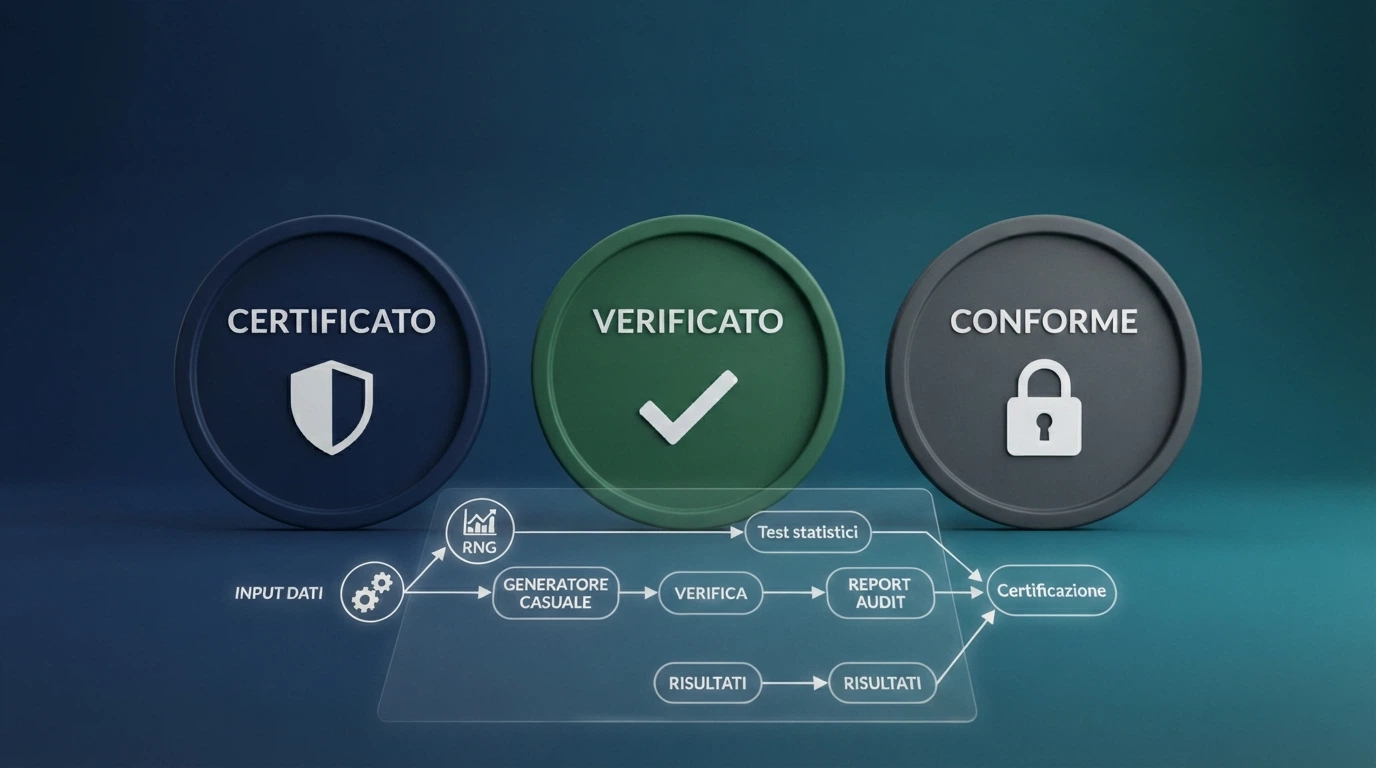 I loghi degli organismi di certificazione eCOGRA, iTech Labs e il marchio ADM affiancati su uno sfondo che richiama un rapporto di audit
