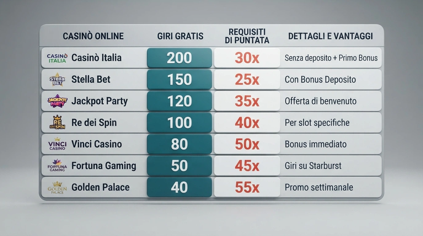 Tabella comparativa con i nomi dei dieci operatori ADM e i rispettivi termini dei giri gratis senza deposito