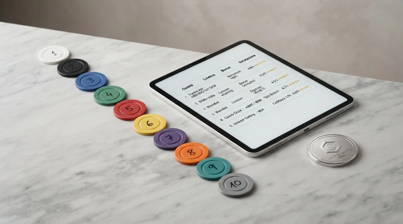 Una classifica stilizzata con le icone di dieci casinò, il simbolo di Bitcoin Cash e stelle di valutazione
