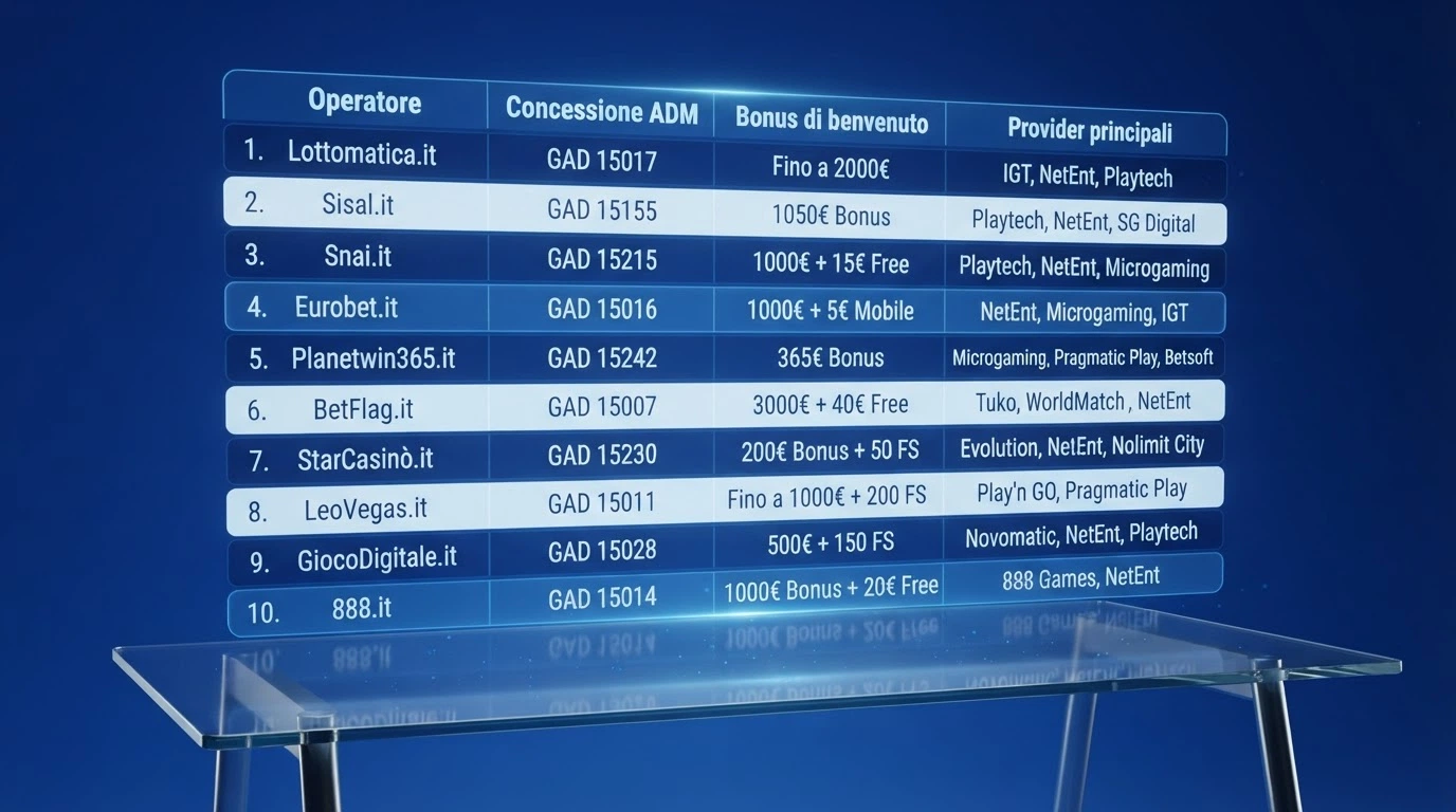 Tabella comparativa dei casinò con concessione ADM con colonne per operatore, concessione, bonus e provider