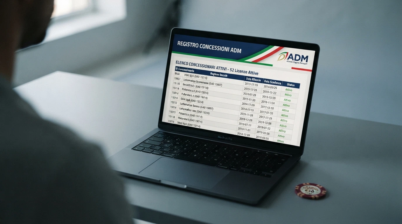 Il registro ufficiale delle concessioni ADM visualizzato su uno schermo, con il sigillo dell'Agenzia delle Dogane e dei Monopoli in evidenza
