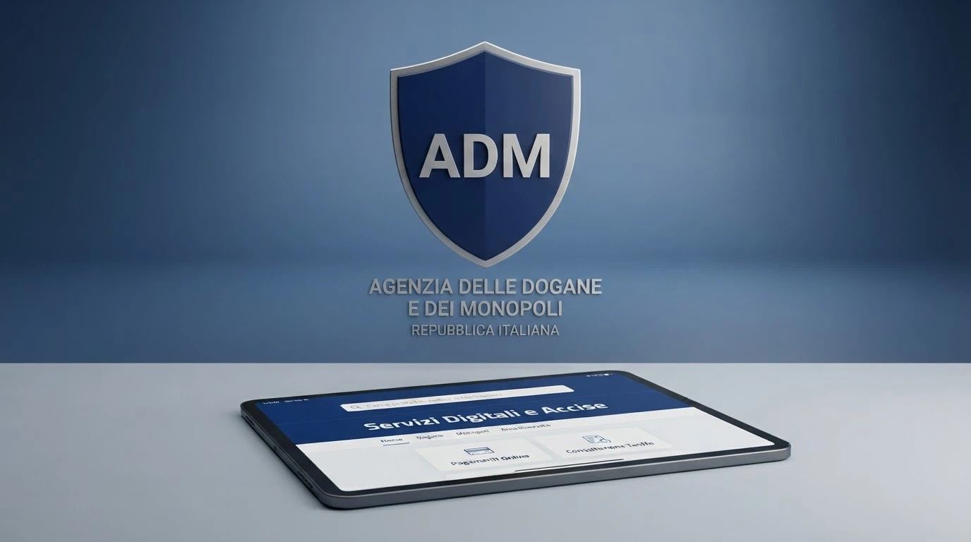 Logo dell'Agenzia delle Dogane e dei Monopoli su sfondo istituzionale con elementi grafici della regolamentazione italiana