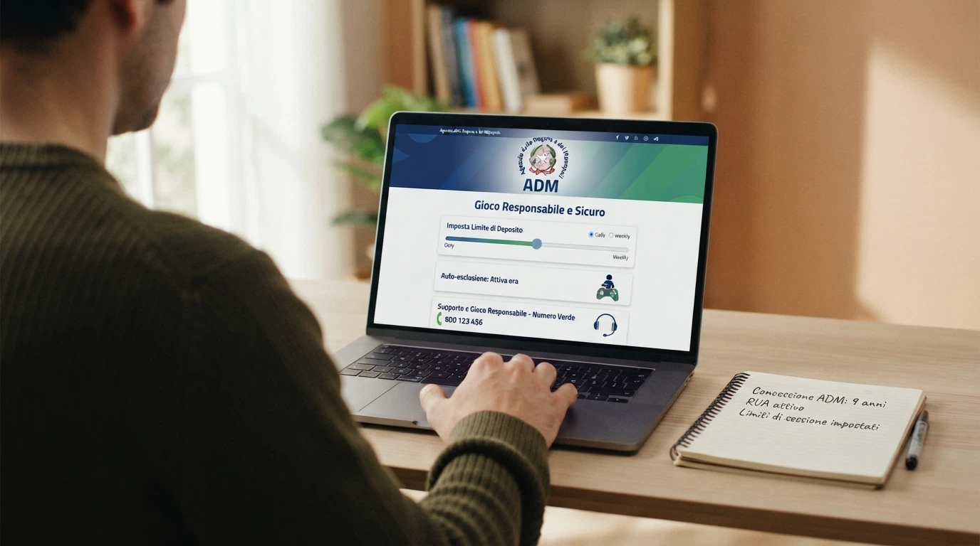 Il logo ADM accanto alle icone delle tutele per il giocatore: limite di deposito, autoesclusione e assistenza