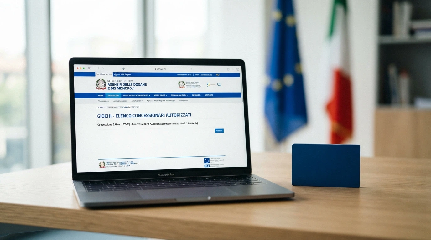 Il logo dell'Agenzia delle Dogane e dei Monopoli accanto al testo «Concessionario autorizzato» su uno schermo, con il simbolo dell'Unione Europea sullo sfondo