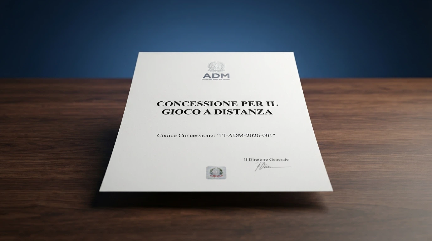 Primo piano di un documento ufficiale con il logo dell'Agenzia delle Dogane e dei Monopoli e la scritta «Concessione per il gioco a distanza»