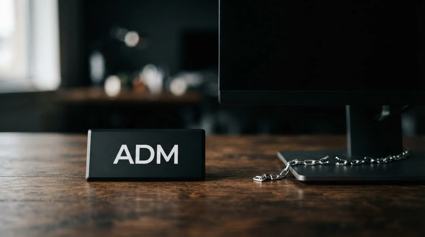 Un badge con il logo ADM accanto a uno schermo spento con una catena spezzata — contrasto visivo tra operatore regolato e piattaforma bloccata