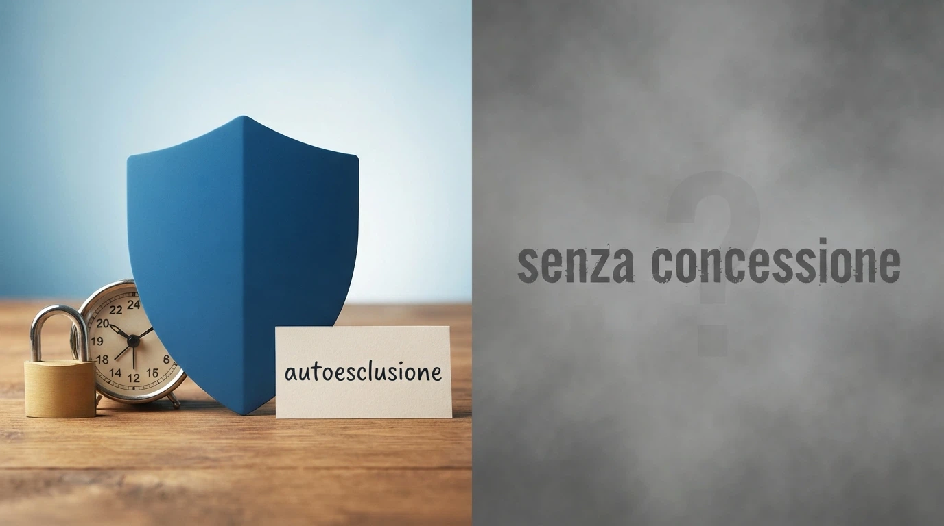 Una schermata divisa in due: a sinistra il logo ADM con icone di protezione (scudo, limite, autoesclusione), a destra un punto interrogativo su sfondo grigio con la scritta «senza concessione»
