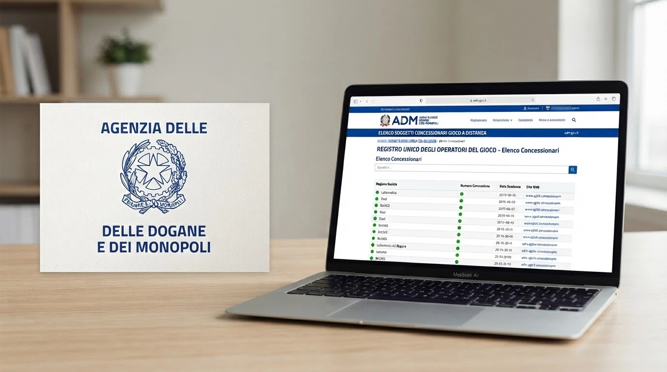 Il logo ufficiale dell'Agenzia delle Dogane e dei Monopoli accanto alla schermata del registro concessionari online sul sito adm.gov.it