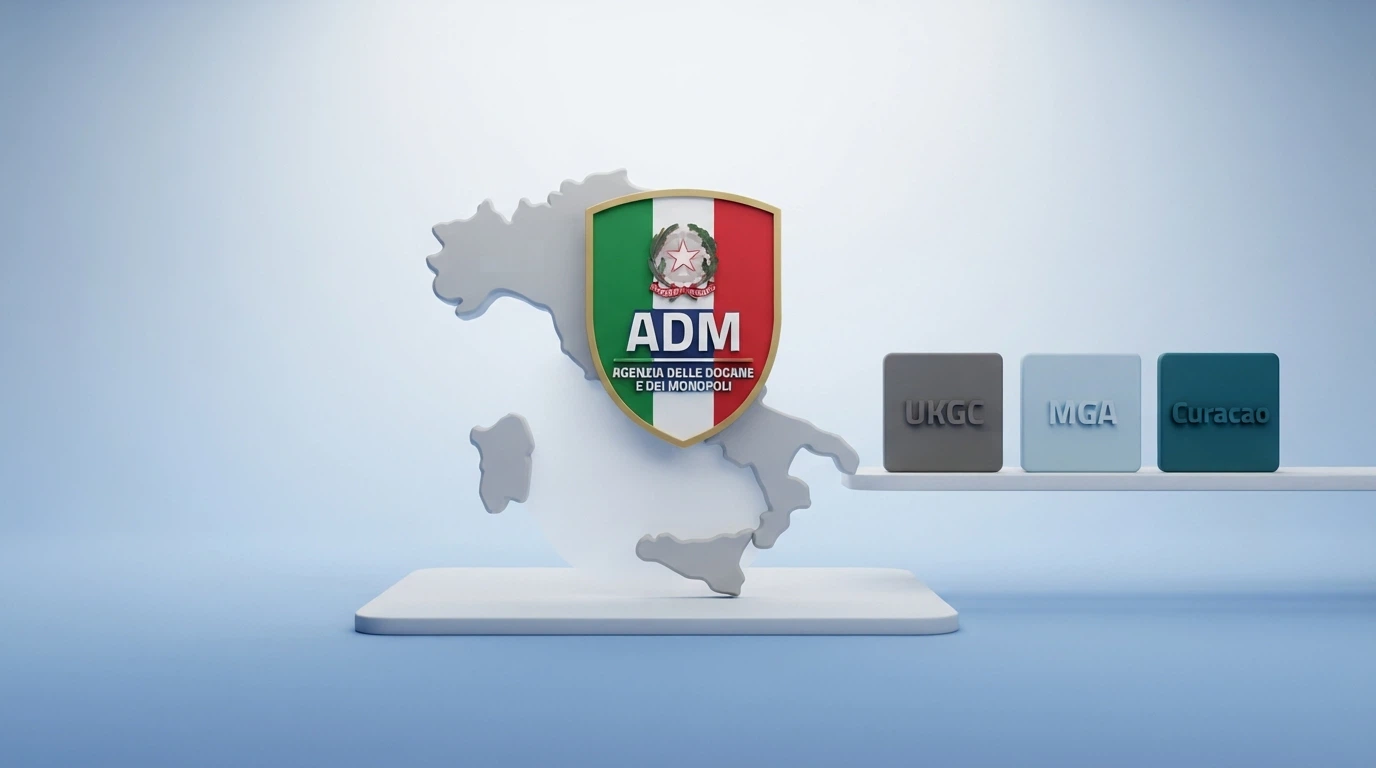 Un confronto visivo tra il logo istituzionale ADM e i loghi di tre autorità estere (Curaçao, Malta, Tobique) affiancati su una mappa stilizzata dell'Italia