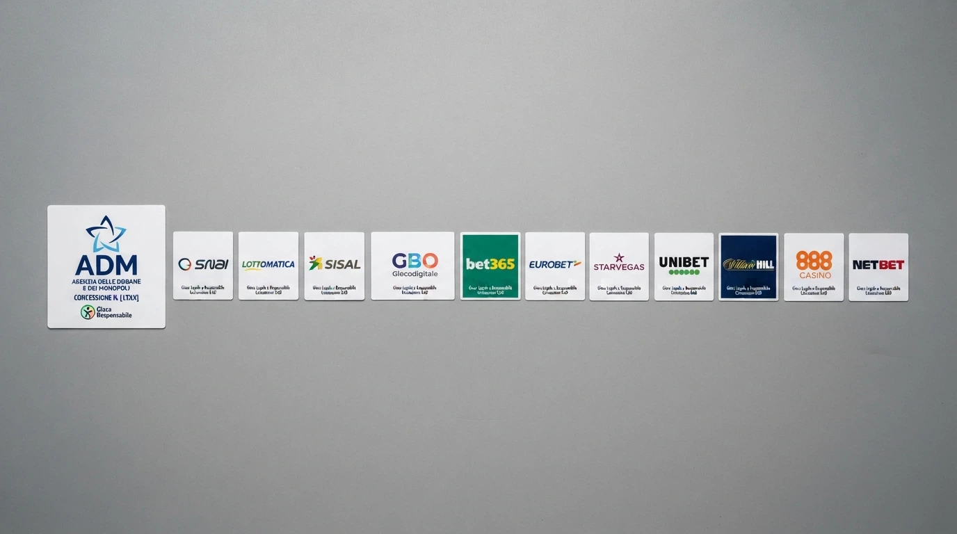 Una fila di loghi ufficiali di casinò online regolamentati italiani, con il logo ADM in evidenza a sinistra.