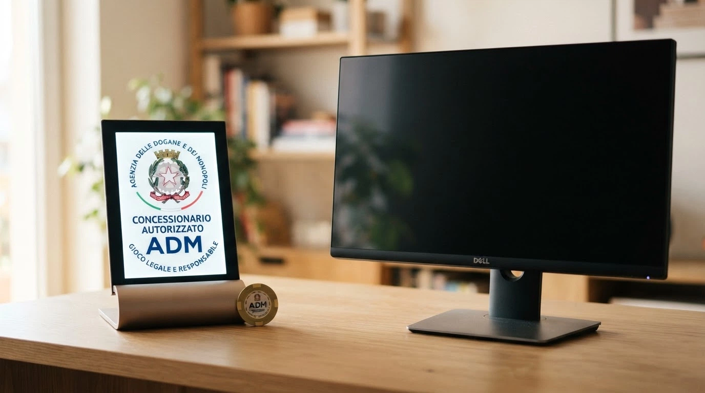Il logo ufficiale dell'Agenzia delle Dogane e dei Monopoli accanto alla scritta «Concessionario autorizzato» su un badge digitale, in contrasto con un monitor spento che rappresenta un dominio bloccato dalla blacklist ADM