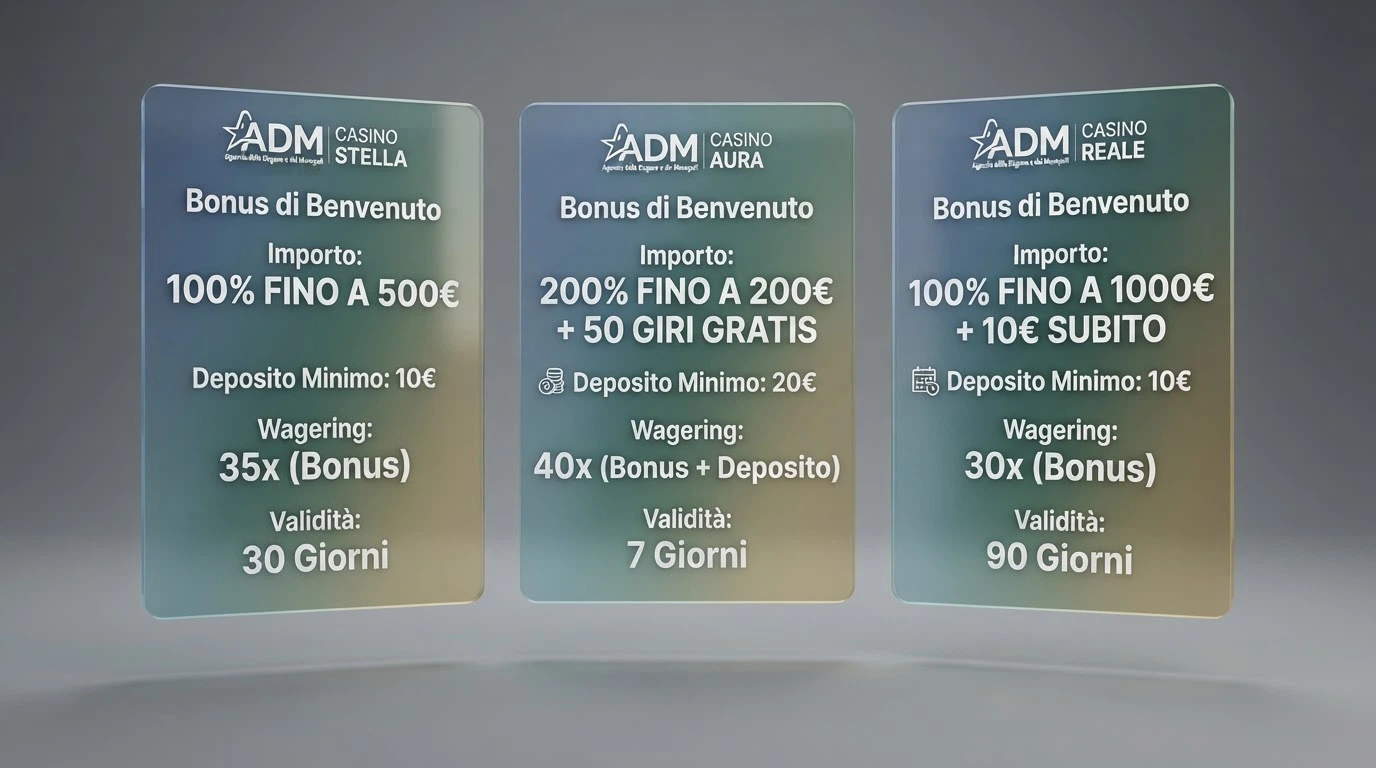 Una rappresentazione visiva del confronto tra più offerte di bonus di benvenuto con importi, wagering e condizioni diversi