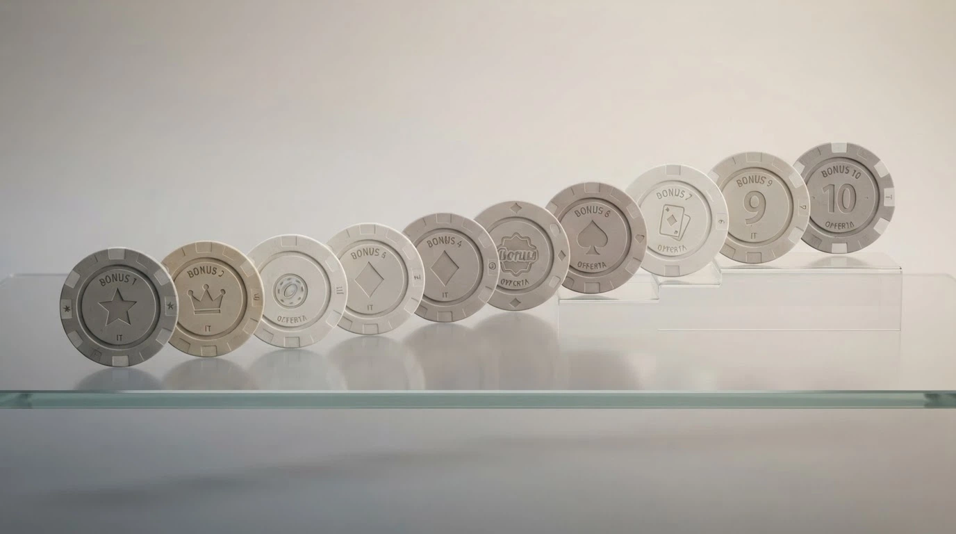 Una tabella comparativa stilizzata con le icone dei dieci casinò ADM e i loro bonus di benvenuto affiancati per un confronto visivo immediato.