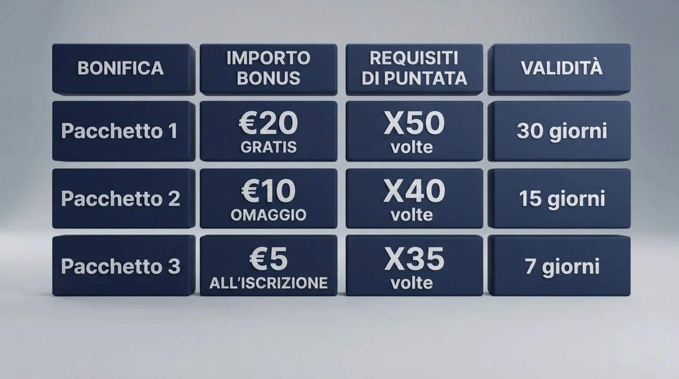 Una tabella comparativa stilizzata con icone di licenza ADM, cifre in euro e moltiplicatori di wagering a fianco dei nomi degli operatori