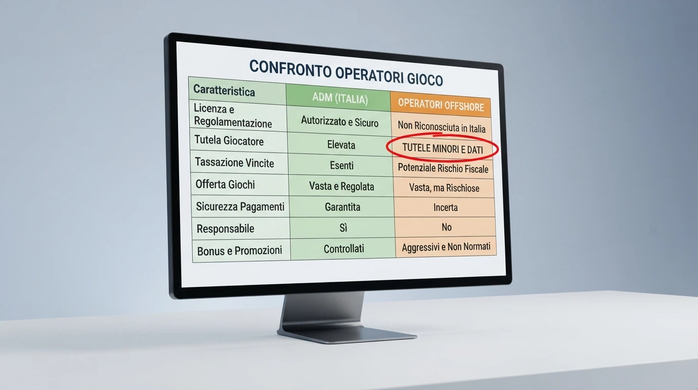 Una tabella comparativa stilizzata su uno schermo, con due colonne colorate diversamente — una verde per «ADM» e una arancione per «offshore» — e la voce «wagering» cerchiata in rosso.