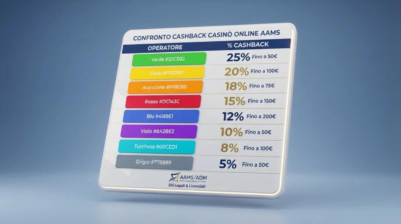 I loghi e le percentuali di cashback dei principali casinò con licenza ADM disposti in una tabella comparativa su sfondo neutro.
