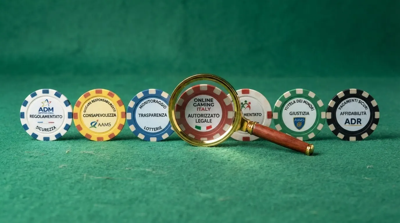 Una fila di loghi dei casinò ADM recensiti disposti orizzontalmente su un tavolo da gioco verde, con una lente di ingrandimento posata sul logo ADM al centro