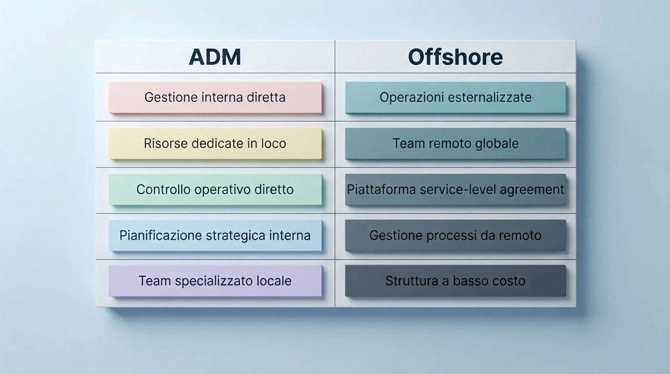 Una tabella comparativa stilizzata con le colonne Operatore, Licenza e Verifica, dove le licenze ADM sono evidenziate in una colonna e quelle offshore in un'altra.