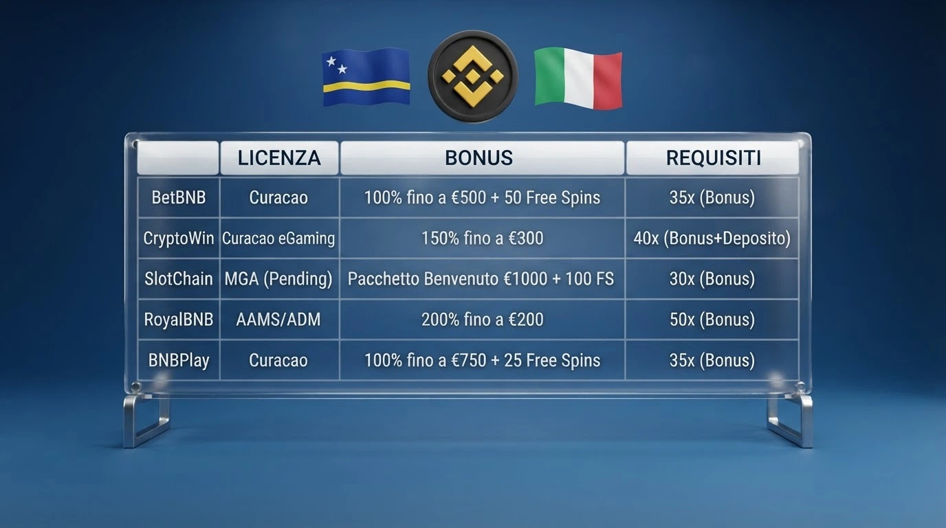 Una tabella stilizzata con le colonne di confronto tra operatori, con il logo BNB in alto e le bandiere di Curaçao e Italia affiancate a rappresentare la doppia realtà del mercato
