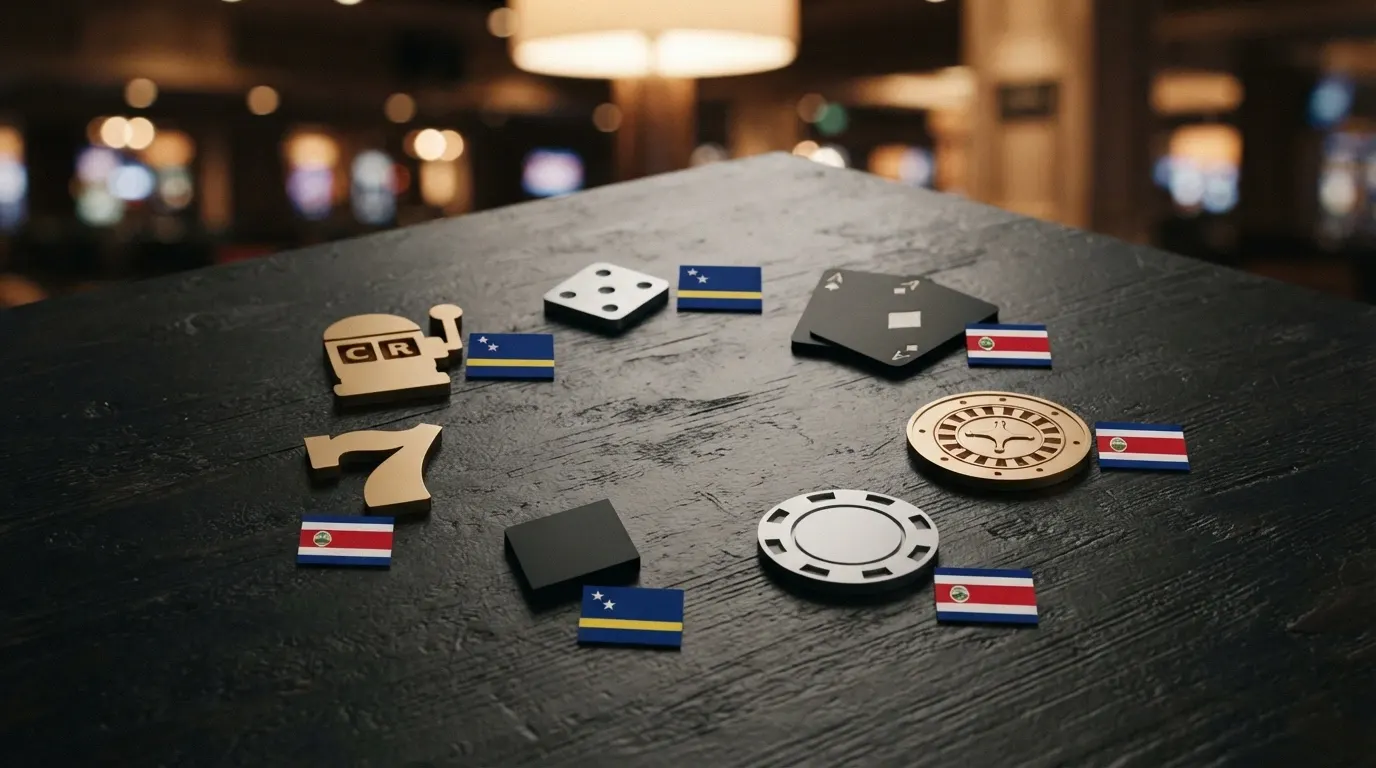Una tabella con loghi stilizzati di casinò online affiancati dalle bandiere di Curaçao e Costa Rica, a indicare la varietà di giurisdizioni che regolano i casinò non AAMS con Dogecoin.