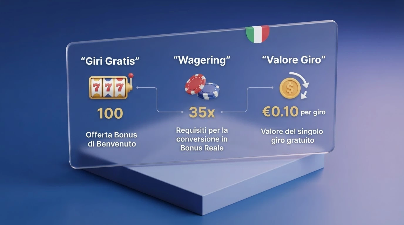 Una tabella comparativa stilizzata con i loghi dei casinò ADM analizzati e le icone di giri gratis, wagering e valore del giro