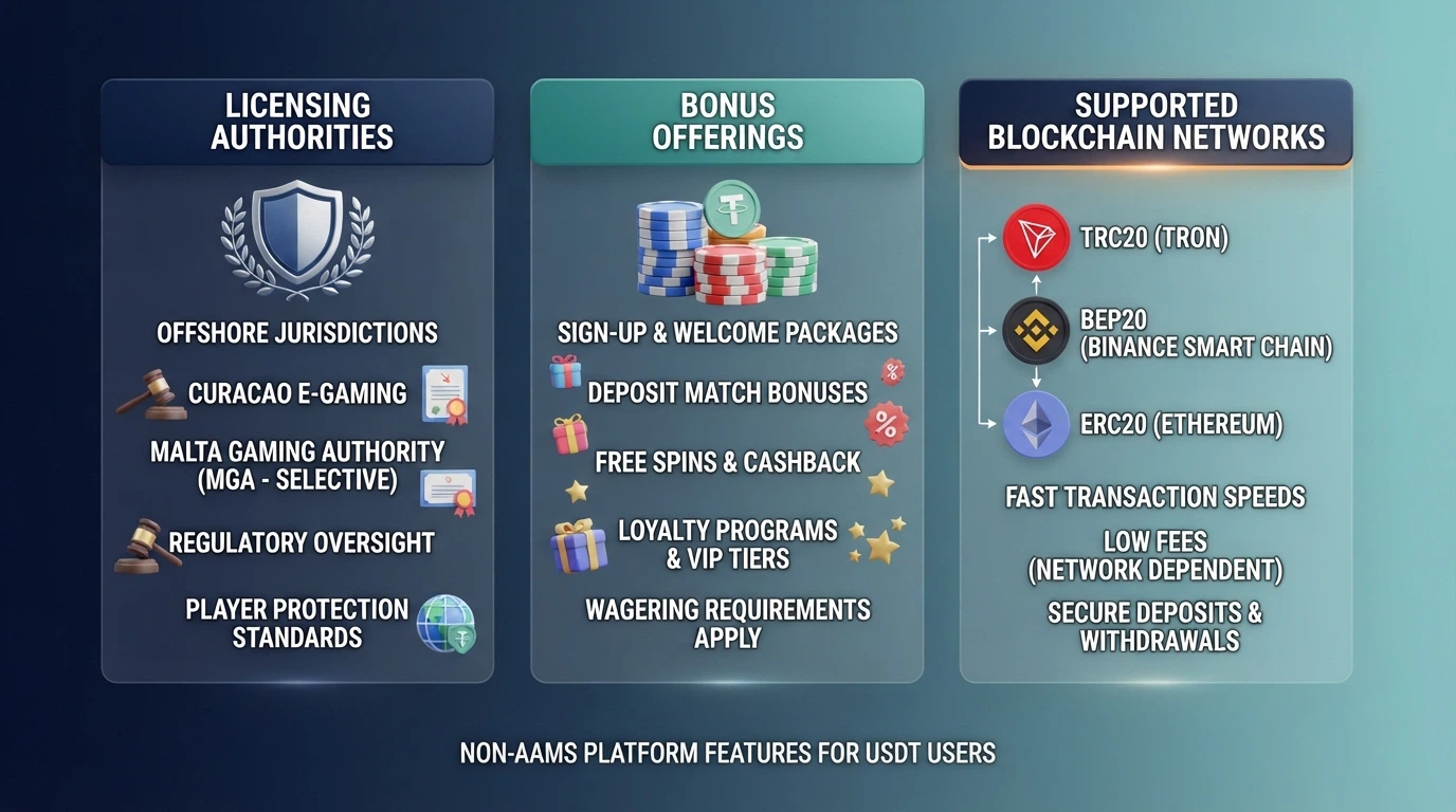 Una griglia comparativa stilizzata con le icone delle licenze Curaçao e Anjouan, le percentuali di bonus e le icone delle reti USDT, disposta in colonne affiancate.