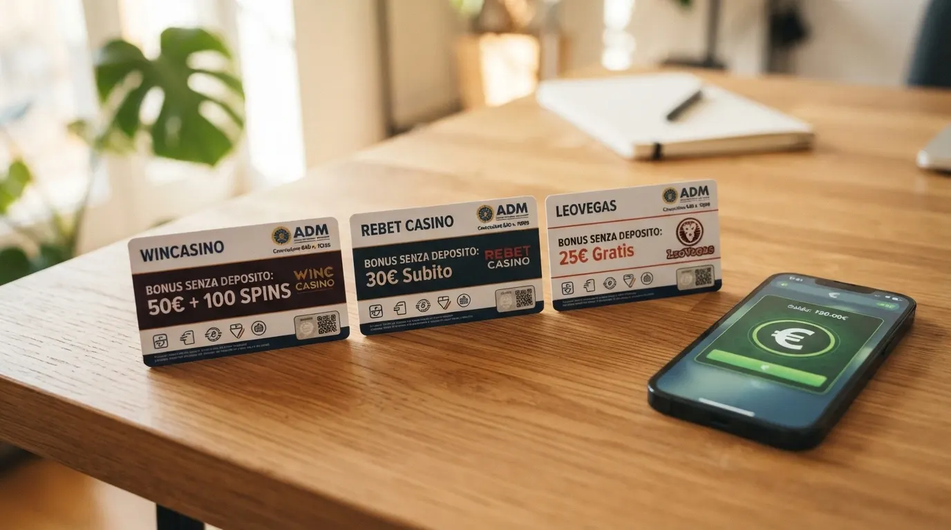 Una schermata comparativa che mostra le card di tre casinò affiancate, ciascuna con il proprio nome, il badge della concessione ADM e l'indicazione del bonus senza deposito disponibile.