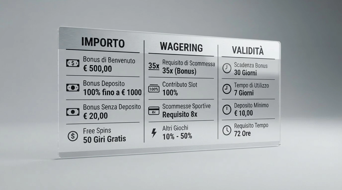 Un confronto visivo delle condizioni dei bonus di benvenuto dei concessionari ADM recensiti: importo, wagering e validità messi in relazione