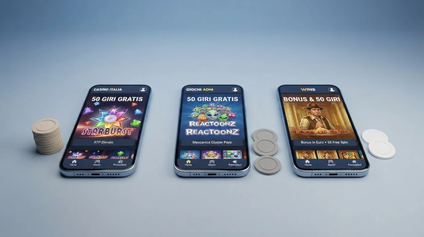 Una schermata comparativa che mostra diversi operatori ADM con le rispettive offerte senza deposito, icone delle slot e l'indicazione del wagering