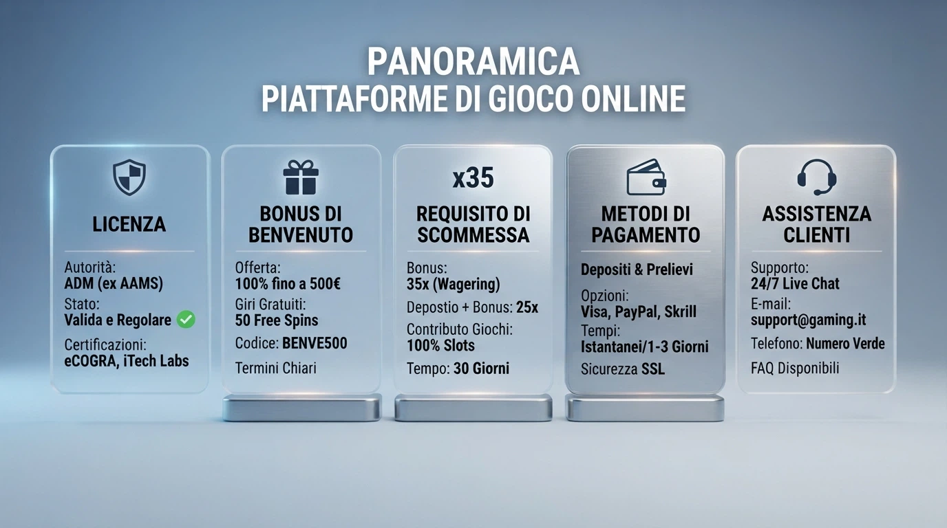 Una griglia comparativa stilizzata con licenze, bonus e wagering dei principali casinò SOL
