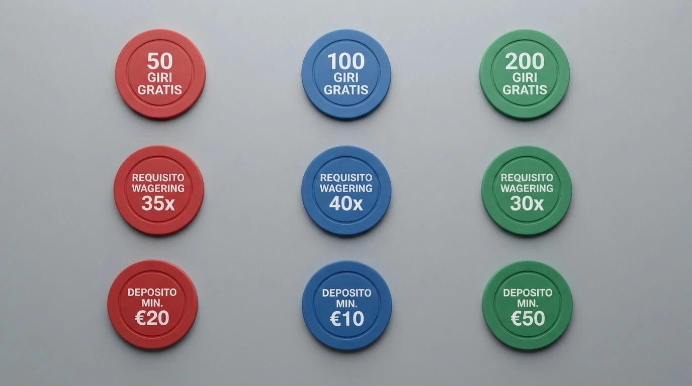 Una tabella comparativa stilizzata con i loghi dei casinò ADM recensiti e le rispettive offerte senza deposito