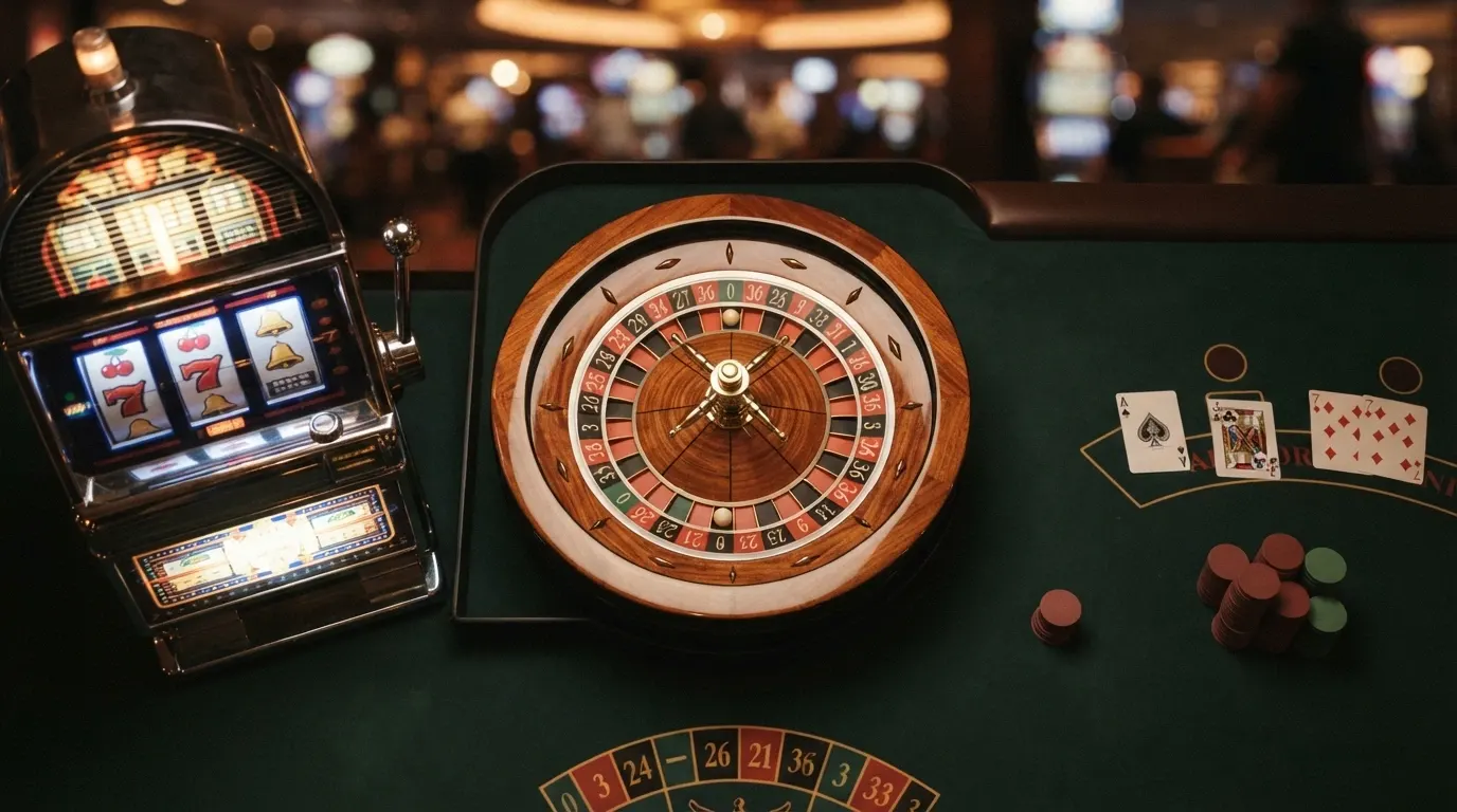 Tre icone affiancate che rappresentano una slot machine, un tavolo da roulette e un tavolo da blackjack con le rispettive percentuali di margine della casa