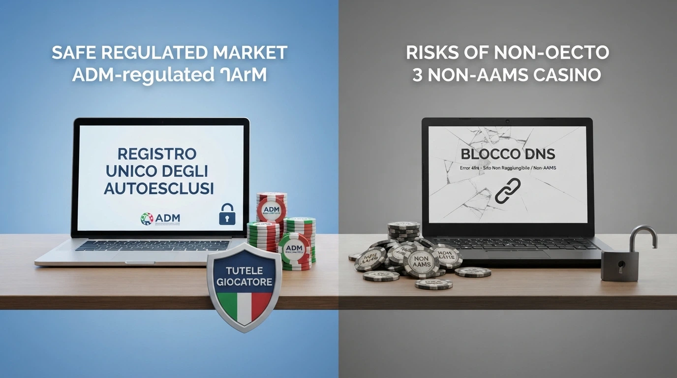 Un'infografica a due colonne che mette a confronto le tutele del giocatore nel circuito ADM (RUA, limiti di deposito, vincite esentasse, protezione legale) e l'assenza di ciascuna tutela nei casinò non AAMS