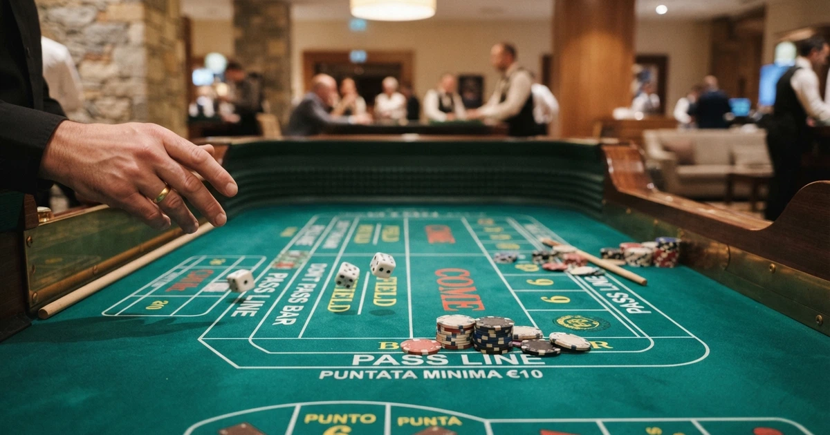 Un tavolo da craps verde con dadi bianchi e fiches colorate in un casinò, illuminato da luci calde