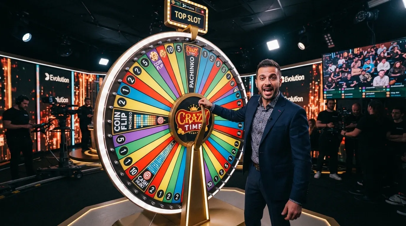 La ruota verticale di Crazy Time in uno studio Evolution, con il conduttore che aziona la ruota e i moltiplicatori illuminati sui segmenti colorati