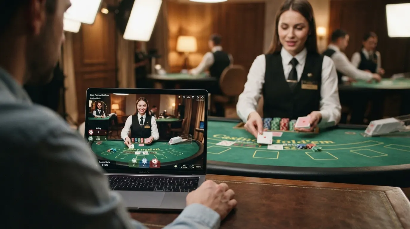 Un croupier in primo piano mentre distribuisce carte su un tavolo da poker live, con lo sfondo di uno studio di casinò e monitor che mostrano l'interfaccia di gioco.