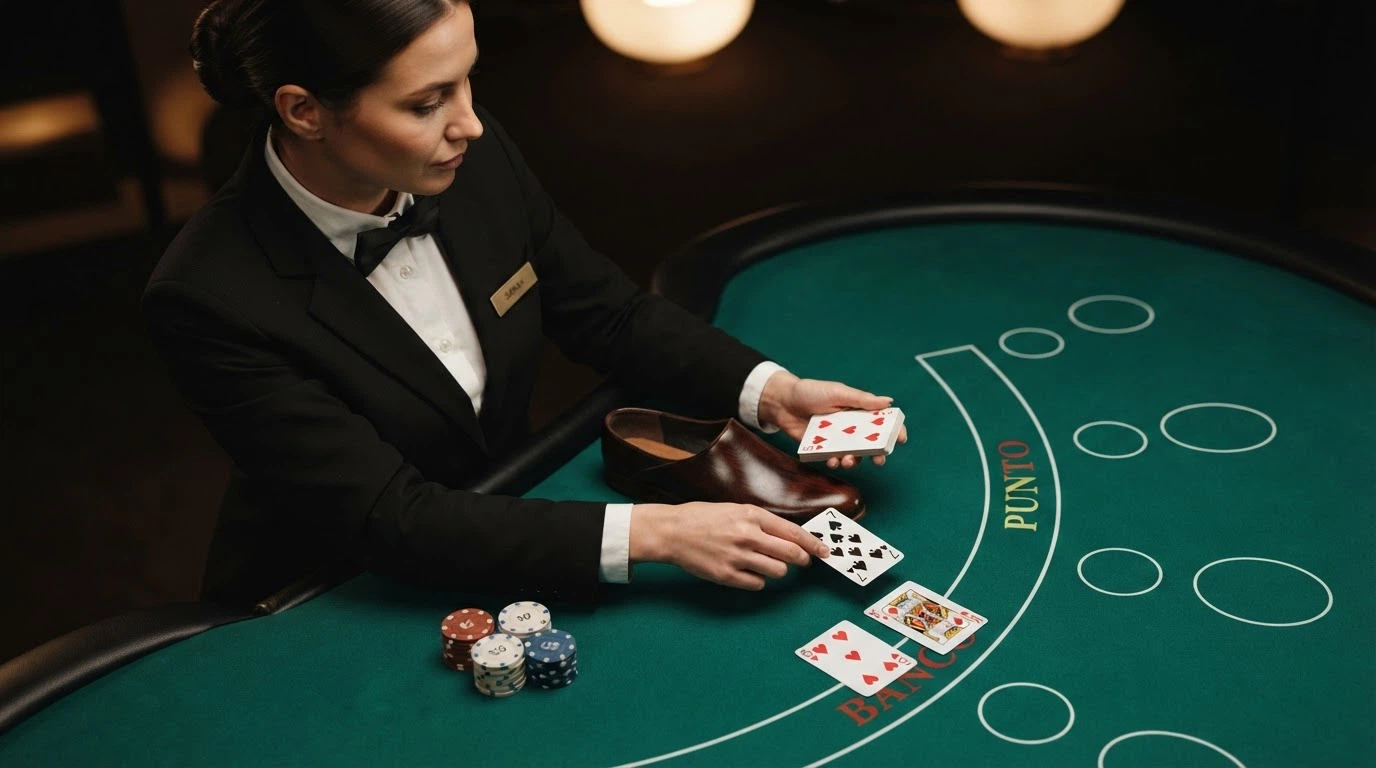 Un croupier dal vivo in uniforme elegante distribuisce carte a un tavolo di Punto Banco in uno studio con luci professionali e telecamere