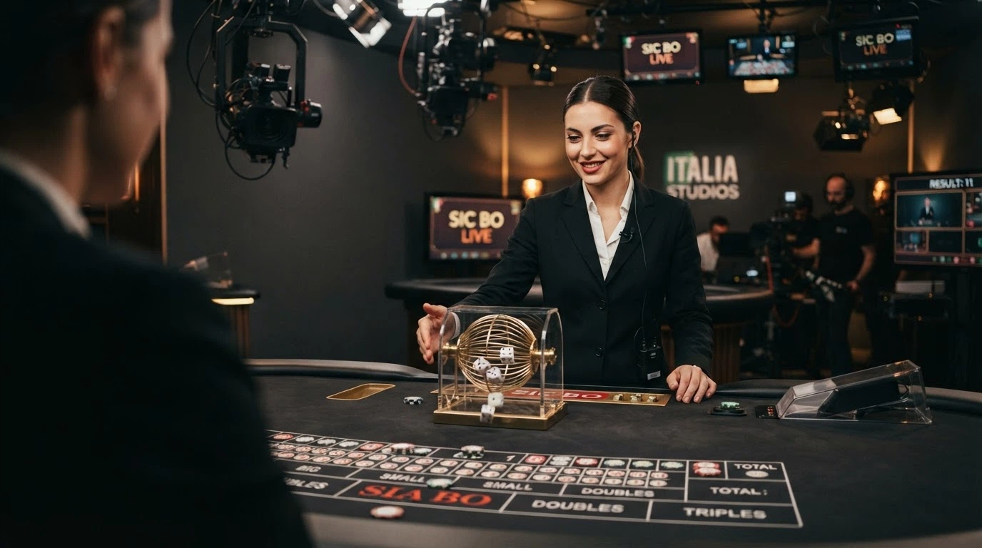 Croupier in uniforme dietro un tavolo da Sic Bo dal vivo in uno studio professionale con illuminazione teatrale e tre dadi in primo piano