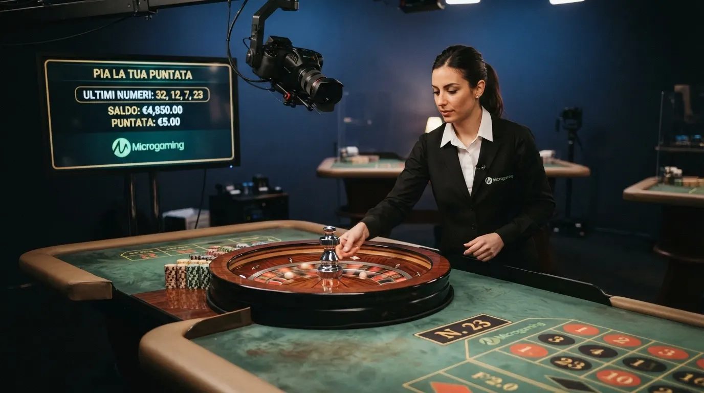 Tavolo da roulette live Microgaming con dealer in streaming e interfaccia di gioco in italiano