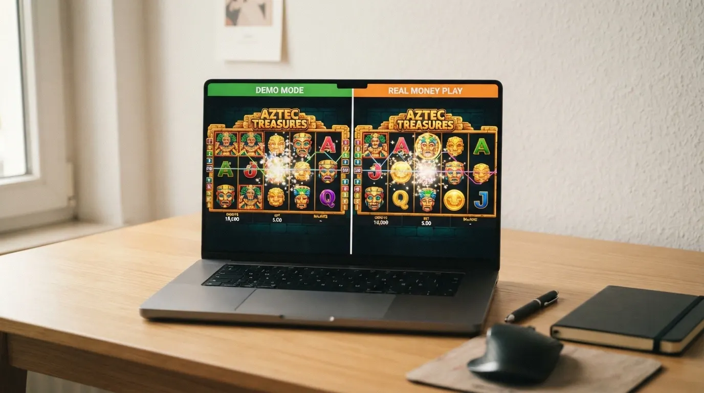 Schermata comparativa di una slot in modalità demo e in modalità reale, con RTP e interfaccia identici
