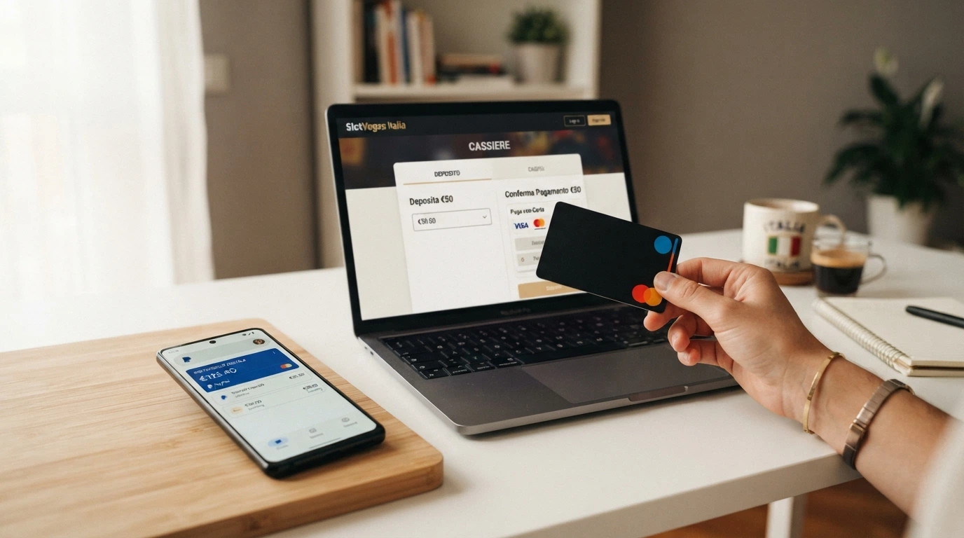 Schema a tre passaggi: carta American Express → icona e-wallet (Skrill/Neteller/PayPal) → schermata cassa di un casinò online con la dicitura «deposito completato»