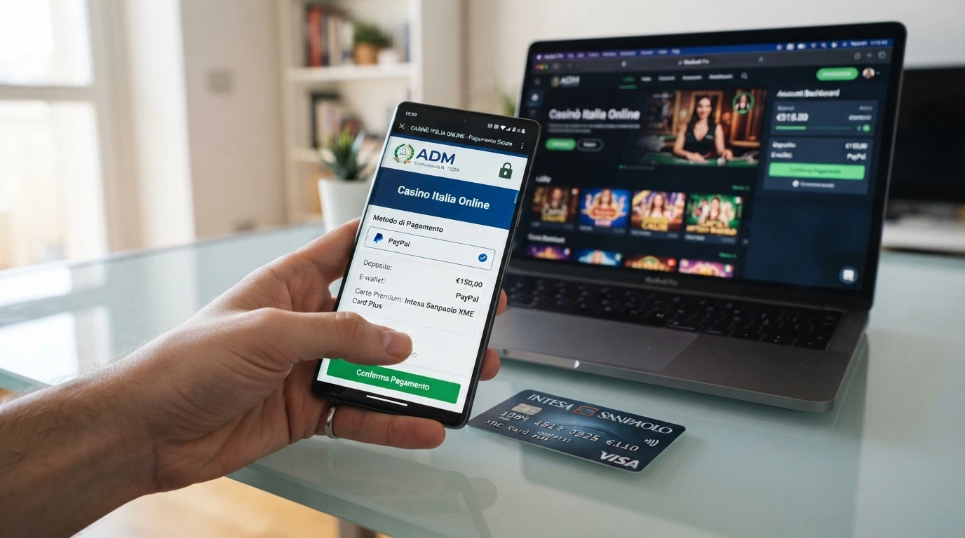 Schema a tre passaggi che mostra il flusso del pagamento: carta American Express → icona del portafoglio elettronico (PayPal, Skrill, Neteller) → conto di gioco del casinò online ADM